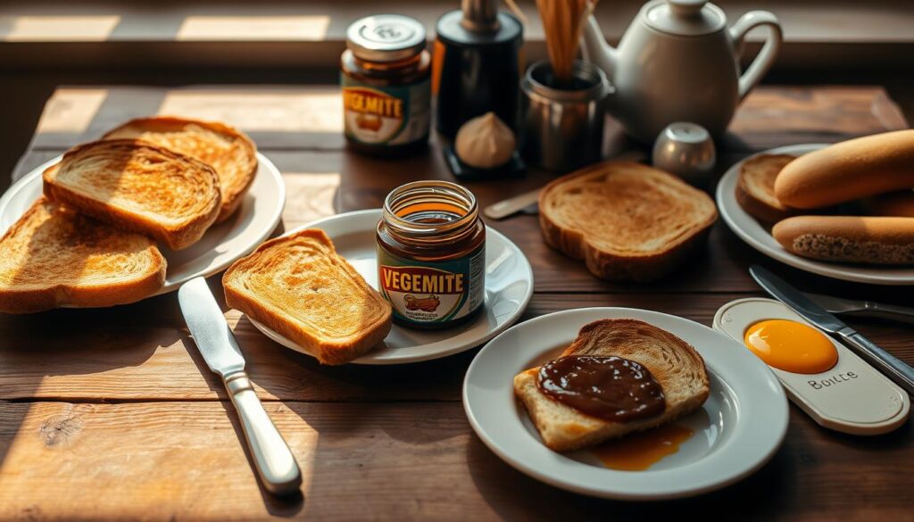 Australian breakfast spread with toast and Vegemite