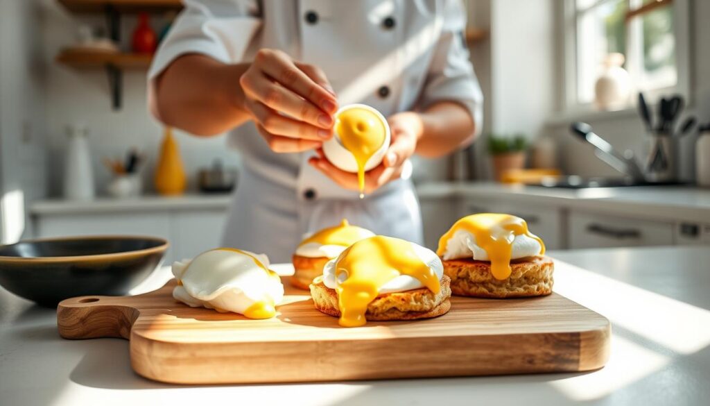 assembling eggs benedict