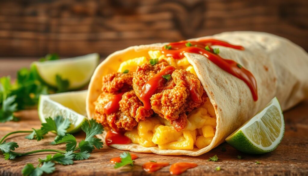 Spicy Fried Chicken Breakfast Burritos